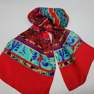 Bright Multicolor Abstract Pattern Silk Scarf With Red Teal Base Rectangle